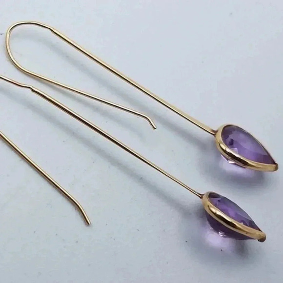 14K Yellow Gold Amethyst Drop earrings 1.5” dangle minimalist Luxe jewelry - Picture 4 of 14